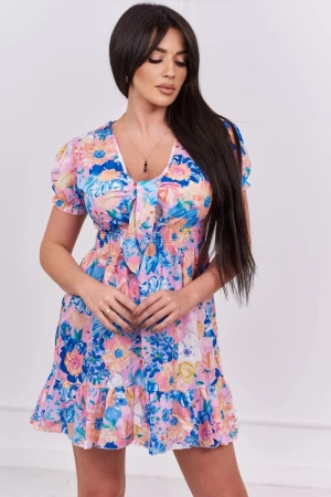 Chabrowa sukienka mini w kwiaty z dekoltem V 
