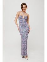 Niebieska sukienka maxi z nadrukiem i wiązaniem w dekolcie