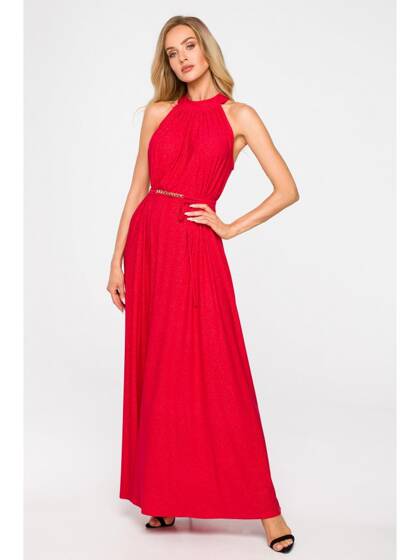 Czerwona długa suknia z dekoltem typu halter